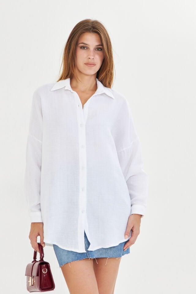 %100 Pamuk Müslin Kumaş Kadın Oversize Salaş Gömlek