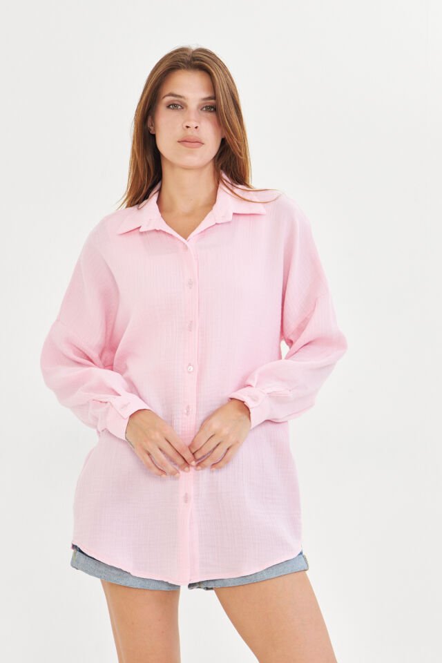%100 Pamuk Pembe Renk Müslin Kumaş Kadın Oversize Salaş Gömlek