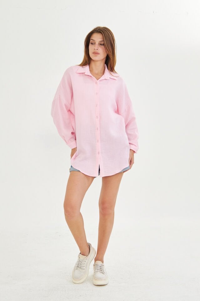 %100 Pamuk Pembe Renk Müslin Kumaş Kadın Oversize Salaş Gömlek