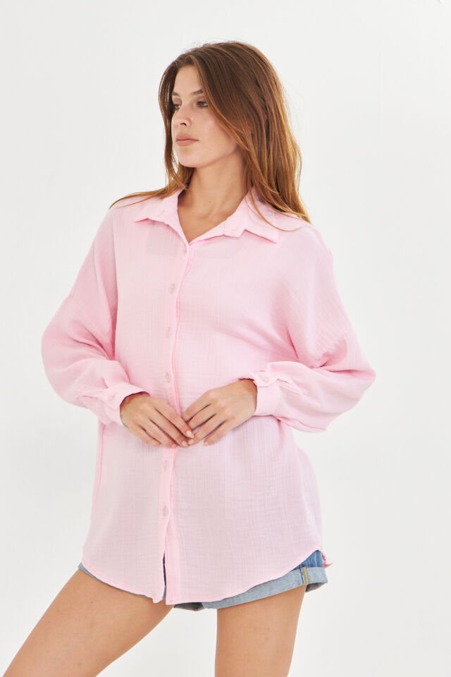 %100 Pamuk Pembe Renk Müslin Kumaş Kadın Oversize Salaş Gömlek