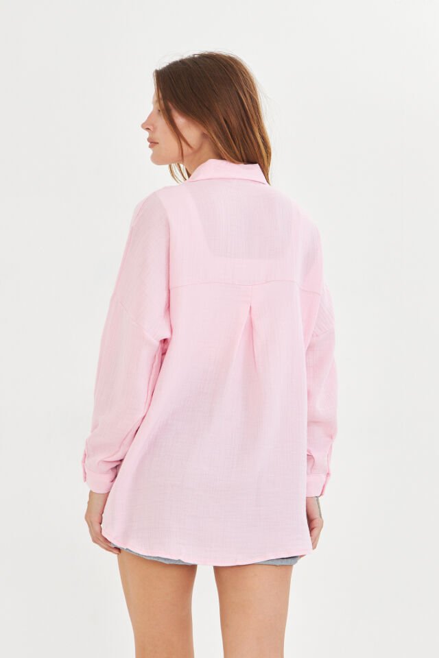 %100 Pamuk Pembe Renk Müslin Kumaş Kadın Oversize Salaş Gömlek