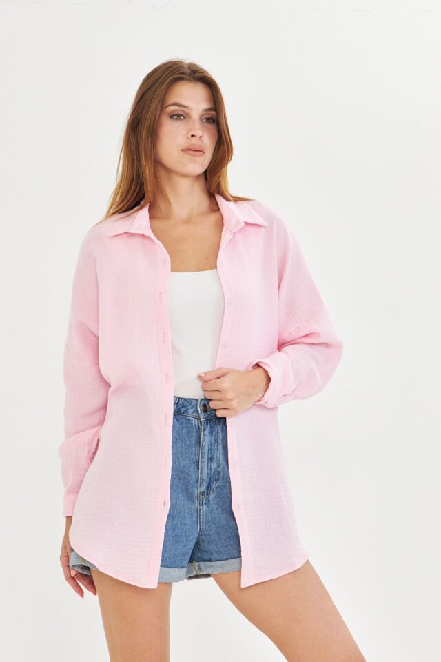 %100 Pamuk Pembe Renk Müslin Kumaş Kadın Oversize Salaş Gömlek
