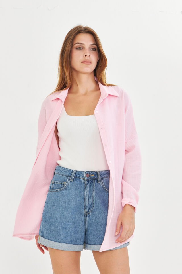 %100 Pamuk Pembe Renk Müslin Kumaş Kadın Oversize Salaş Gömlek